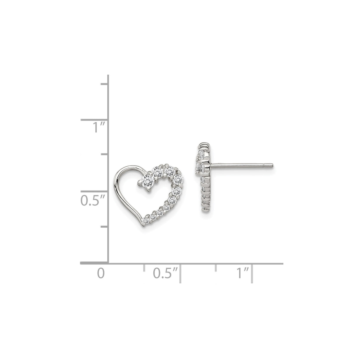 Sterling Silver Heart Stud Earrings with Cubic Zirconia Half Pavé Design