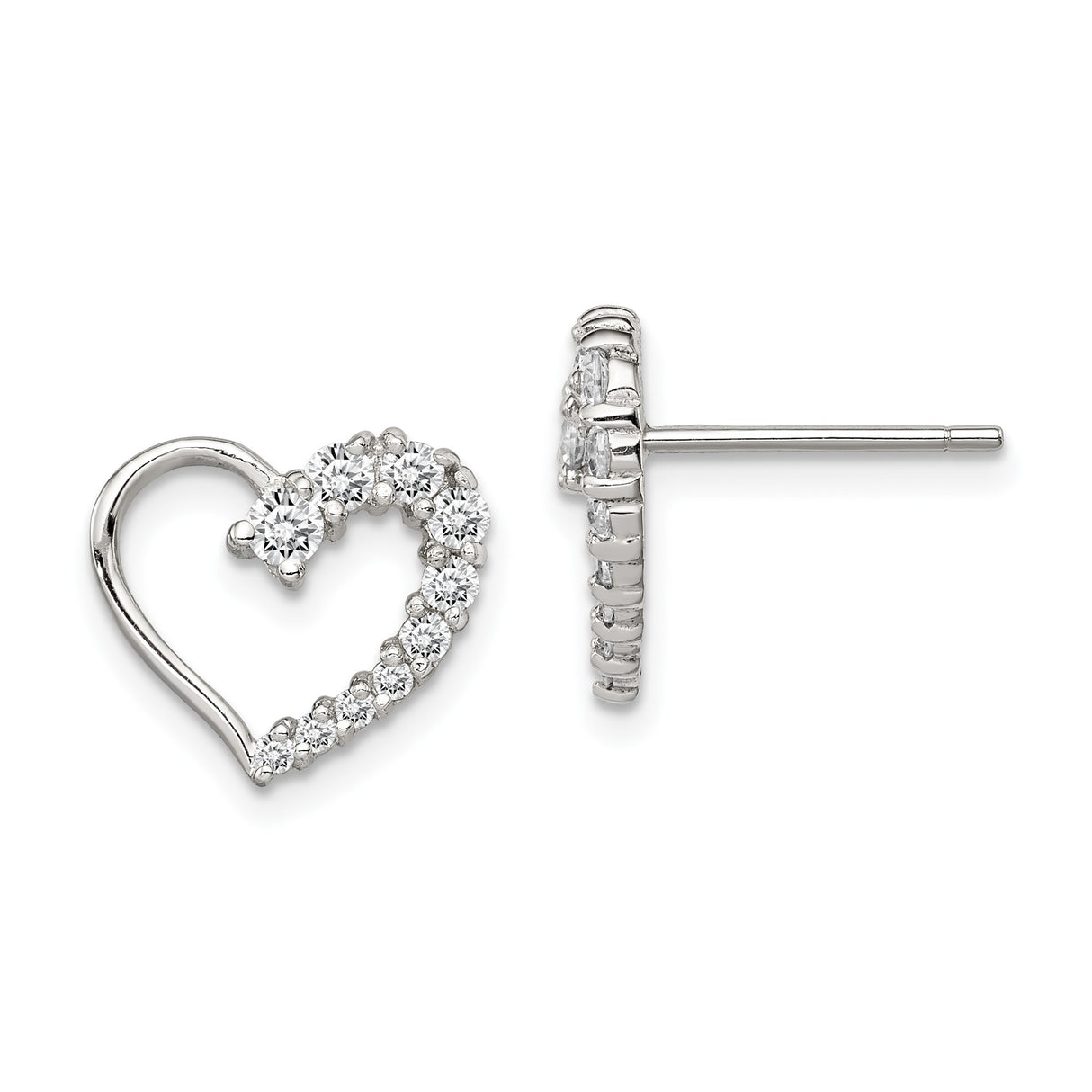 Sterling Silver Heart Stud Earrings with Cubic Zirconia Half Pavé Design