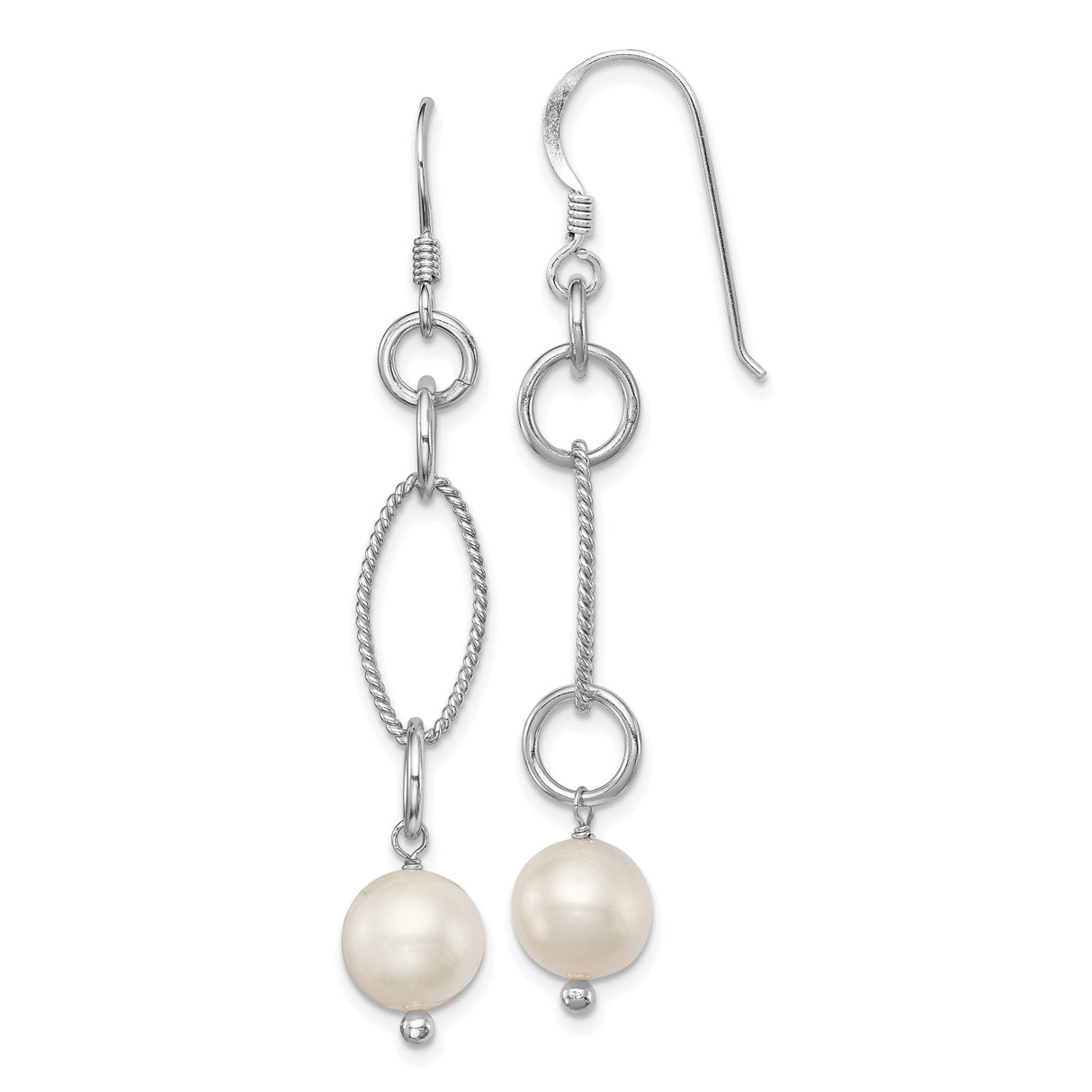 Sterling Silver Dangle Earrings with Cultured Freshwater Pearls, Twisted Rope Design