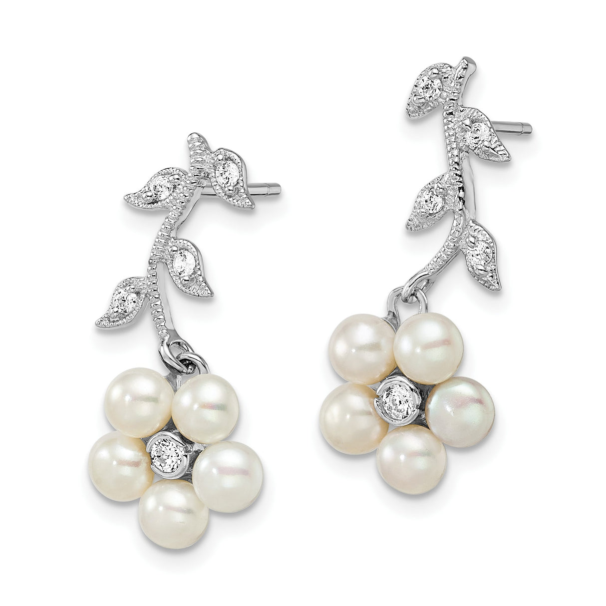 Sterling Silver Dangle Earrings with Pearl and Cubic Zirconia, Floral Leaf Branch Design