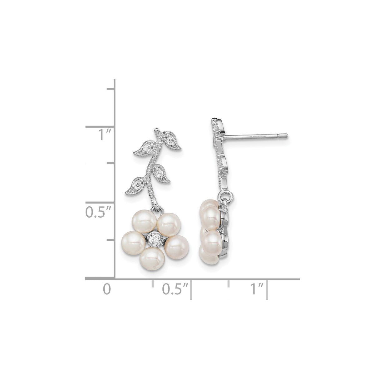 Sterling Silver Dangle Earrings with Pearl and Cubic Zirconia, Floral Leaf Branch Design