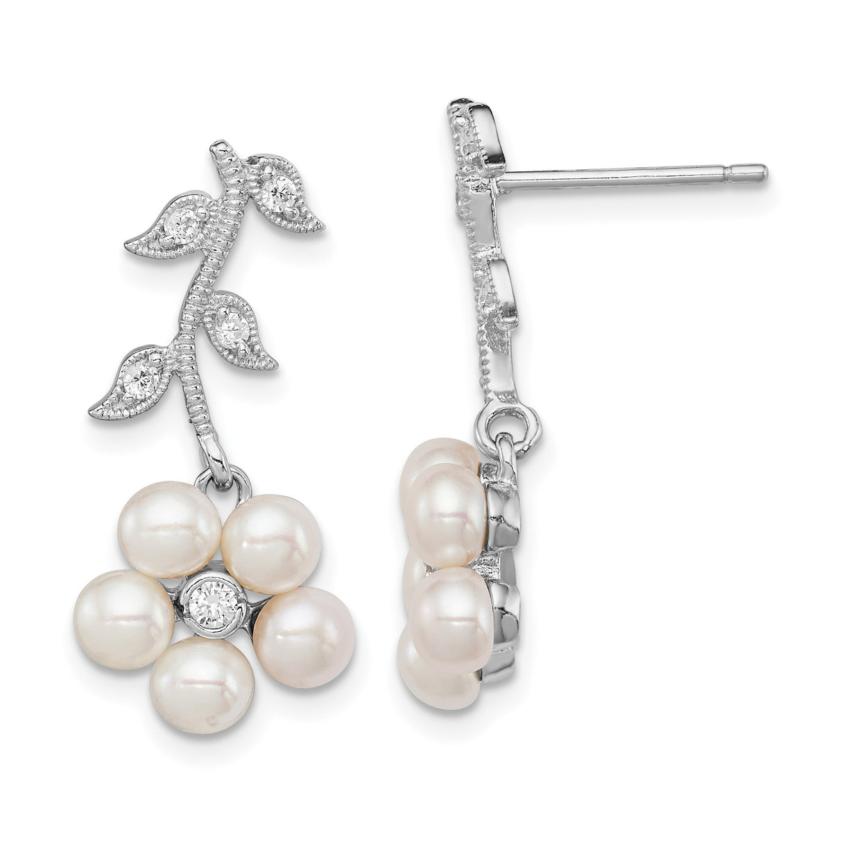 Sterling Silver Dangle Earrings with Pearl and Cubic Zirconia, Floral Leaf Branch Design