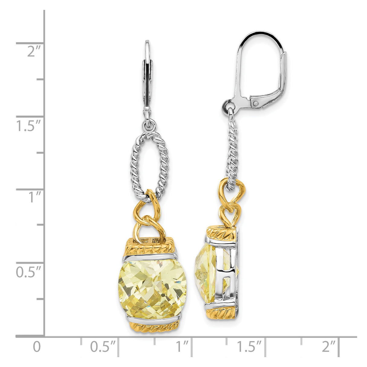 Sterling Silver Drop Earrings with Cubic Zirconia Cushion Cut Yellow Gemstones and Rope Accents