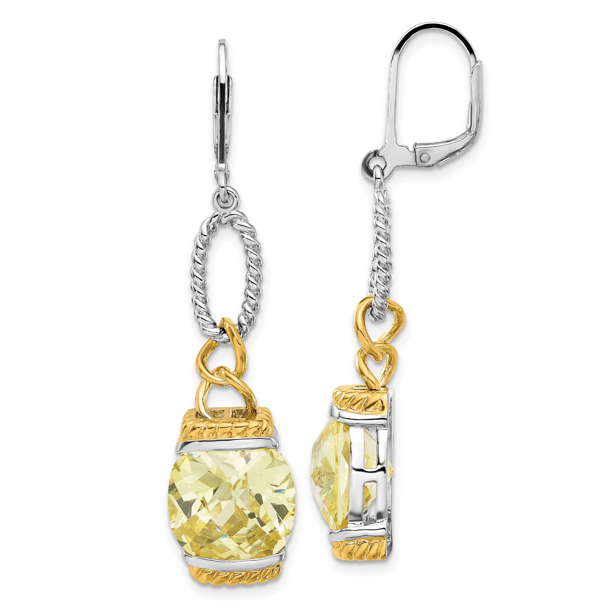 Sterling Silver Drop Earrings with Cubic Zirconia Cushion Cut Yellow Gemstones and Rope Accents