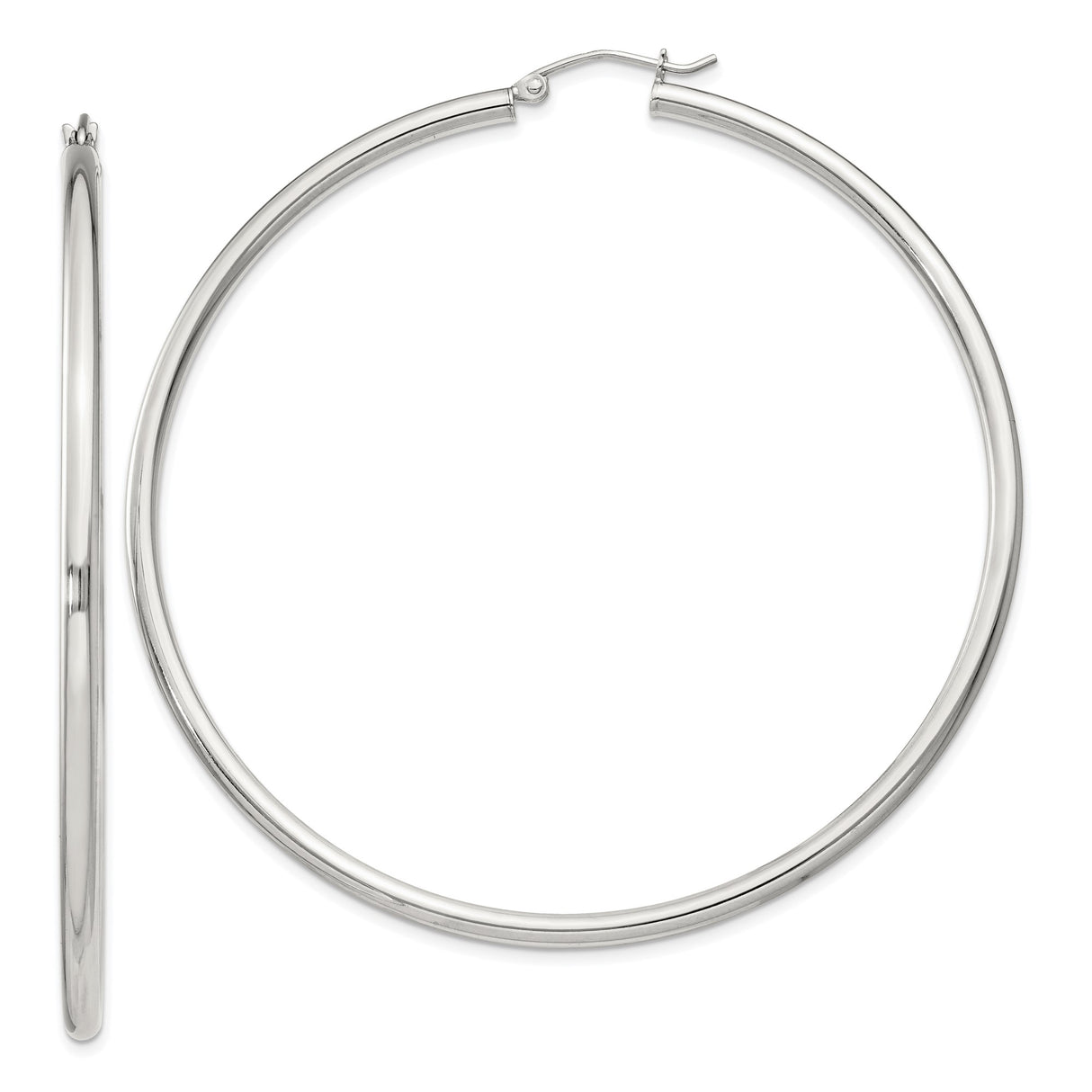 Sterling Silver Hoop Earrings, Large Polished Round Design with Hinged Closure for Women