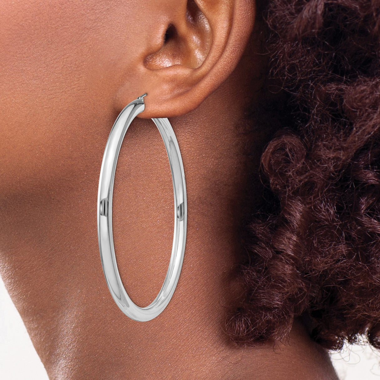 Sterling Silver Hoop Earrings, Large Polished Round Design, Rhodium Plated Minimalist Style