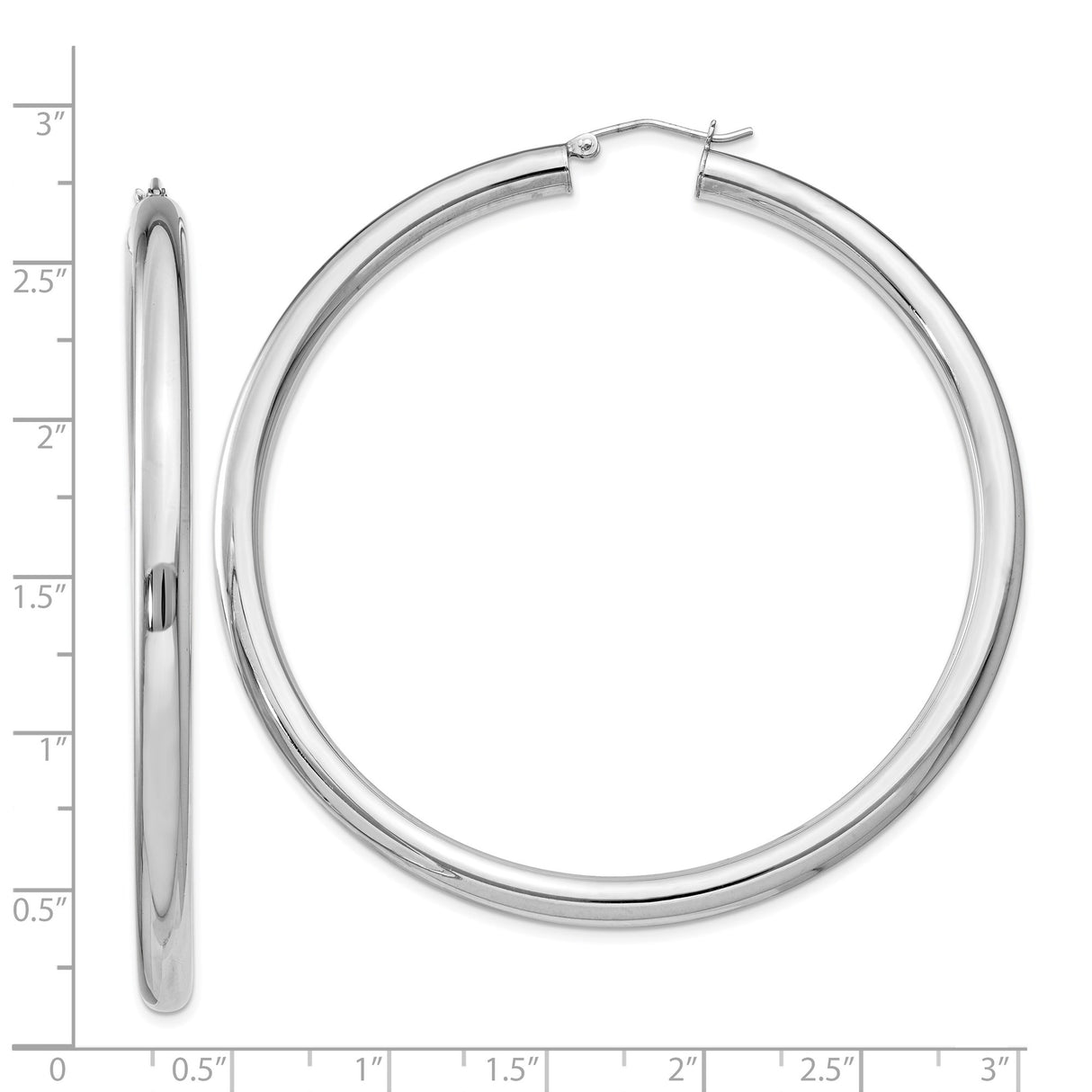 Sterling Silver Hoop Earrings, Large Polished Round Design, Rhodium Plated Minimalist Style