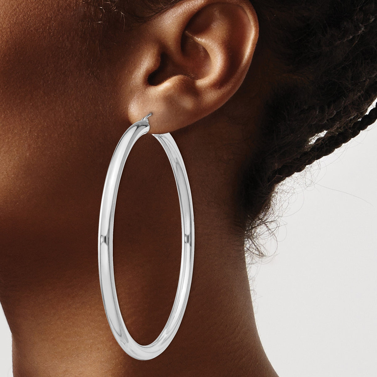 Sterling Silver Large Hoop Earrings, Rhodium Plated Polished Tube Design for Women