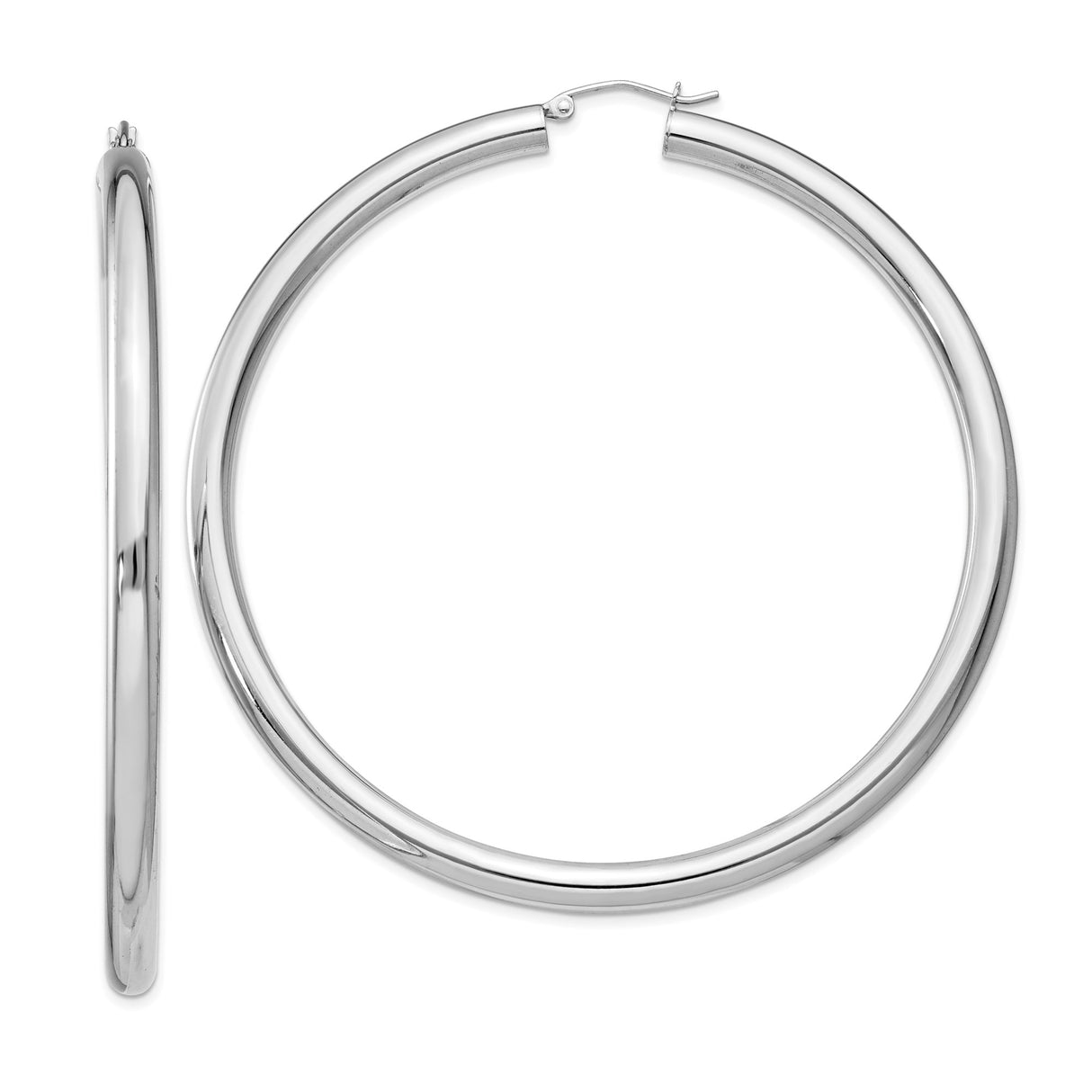 Sterling Silver Large Hoop Earrings, Rhodium Plated Polished Tube Design for Women
