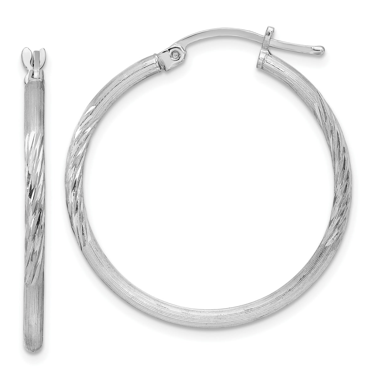 Sterling Silver Hoop Earrings with Diamond Cut and Brushed Finish, Latch Back Closure