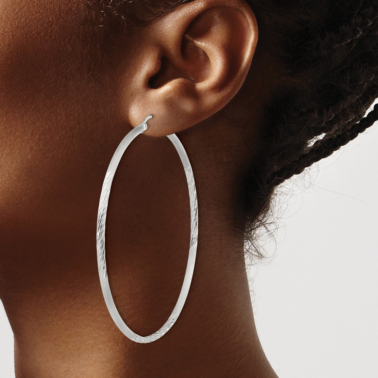 Sterling Silver Hoop Earrings with Brushed Finish and Twisted Diamond Cut Texture