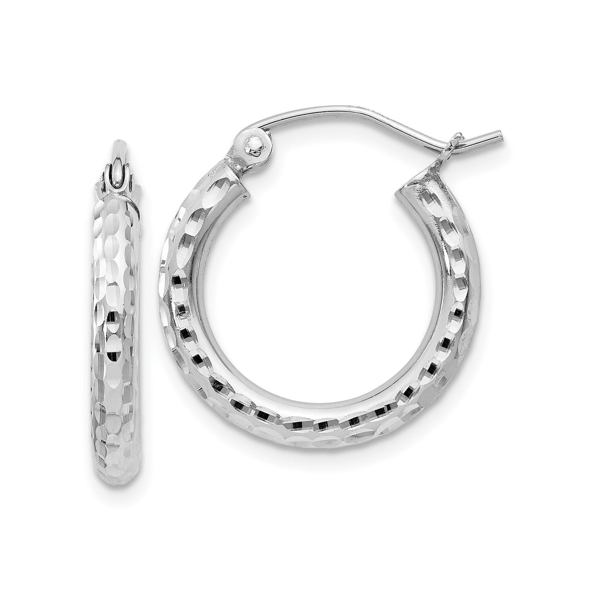 Sterling Silver Hoop Earrings with Hammered Faceted Finish, Round Design, Latch Back Closure
