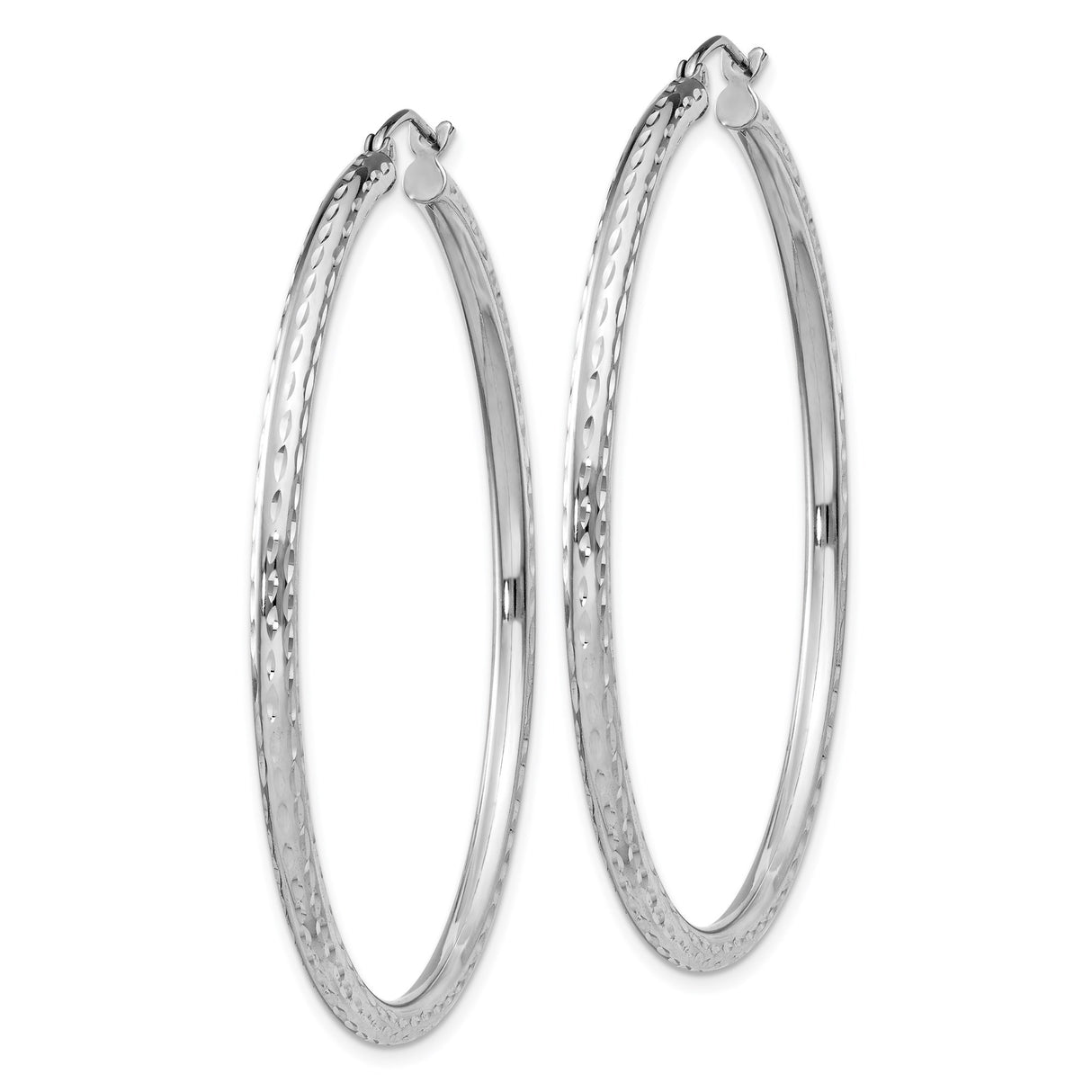 Sterling Silver Hoop Earrings with Diamond Cut Texture and Polished Finish, Medium Hinged Design