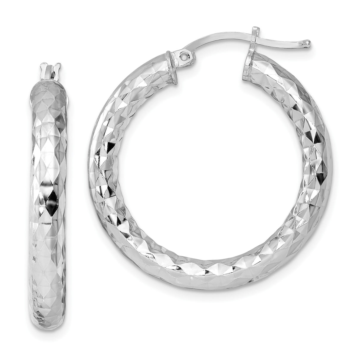 Sterling Silver Hoop Earrings, Thick Round Hoops with Diamond Cut Textured Finish