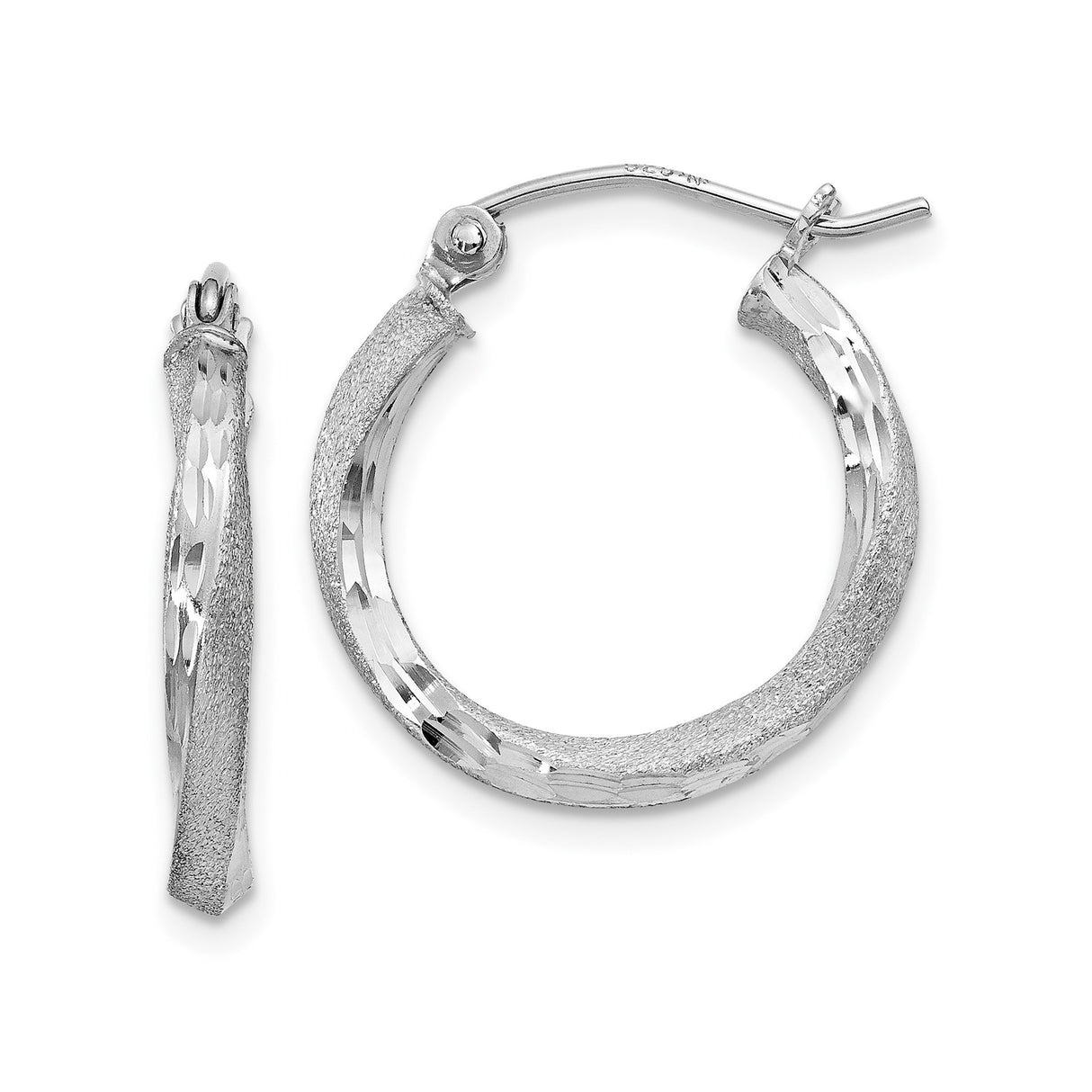 Sterling Silver Twisted Hoop Earrings with Diamond Cut Texture, Rhodium Plated Lightweight Design