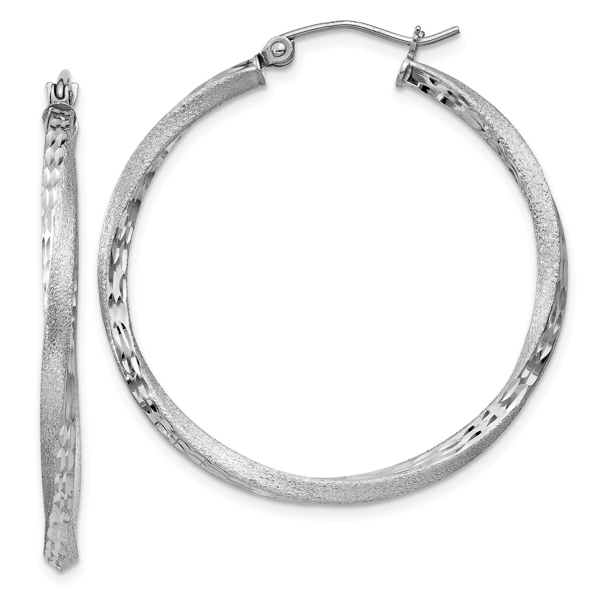 Sterling Silver Hoop Earrings, Polished and Textured Round Hoops with Diamond Cut Finish