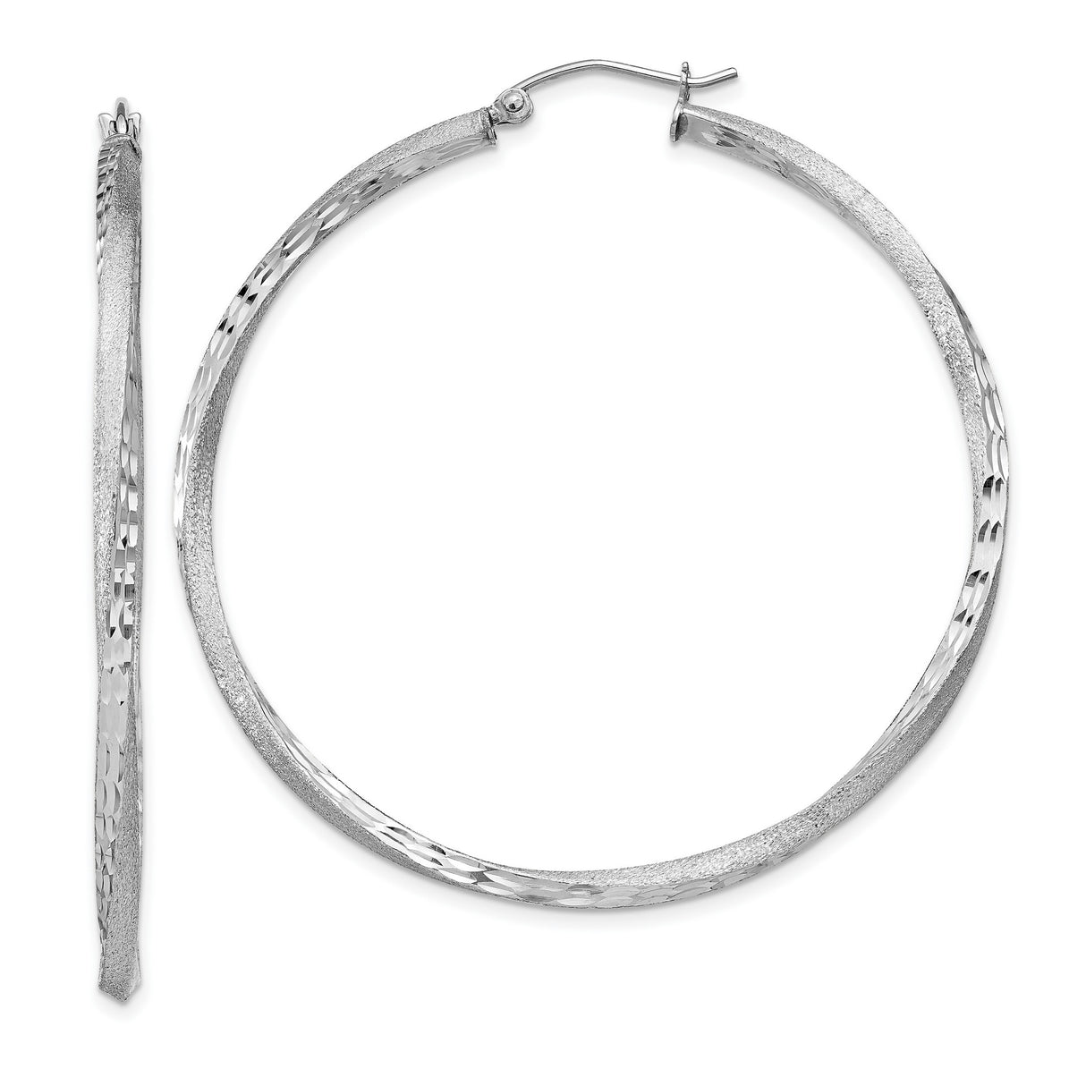 Sterling Silver Hammered Hoop Earrings, Large Textured Rhodium Plated Hoops for Women