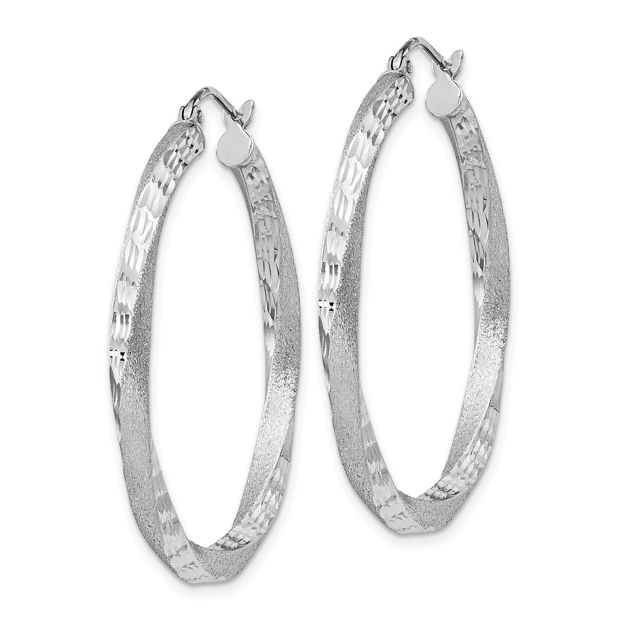 Sterling Silver Twisted Oval Hoop Earrings with Satin and Polished Finish, Lightweight Textured Design