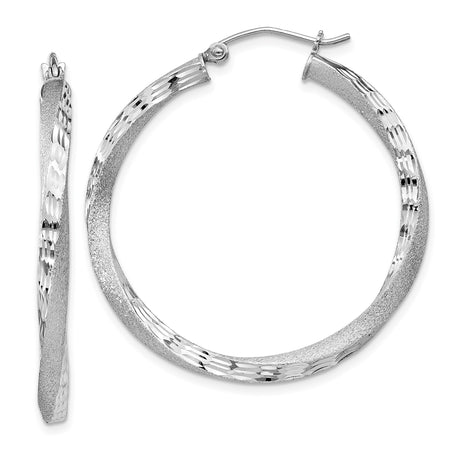 Sterling Silver Twisted Oval Hoop Earrings with Satin and Polished Finish, Lightweight Textured Design