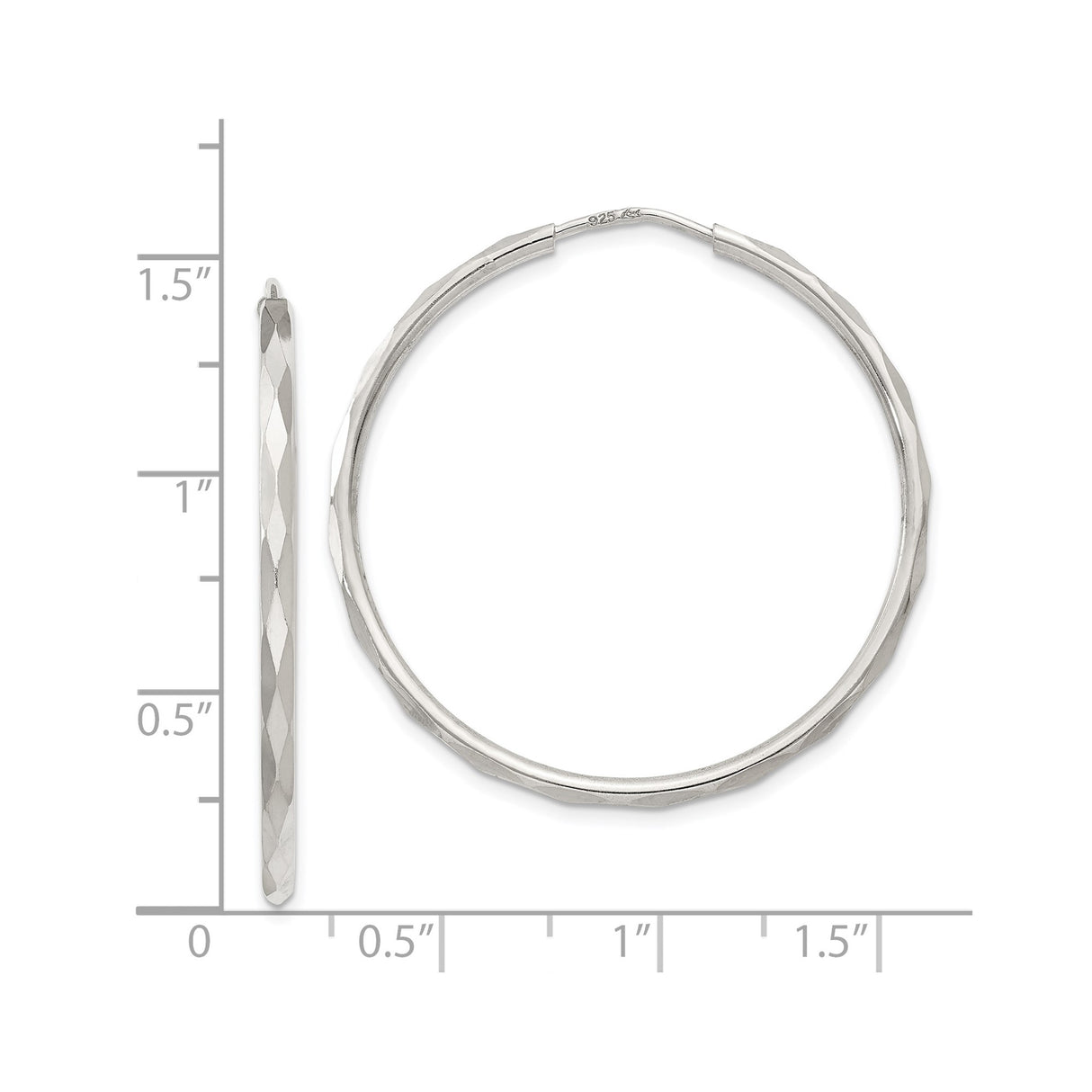 Sterling Silver Hoop Earrings, Endless Loop with Diamond Cut Texture, Lightweight Faceted Style