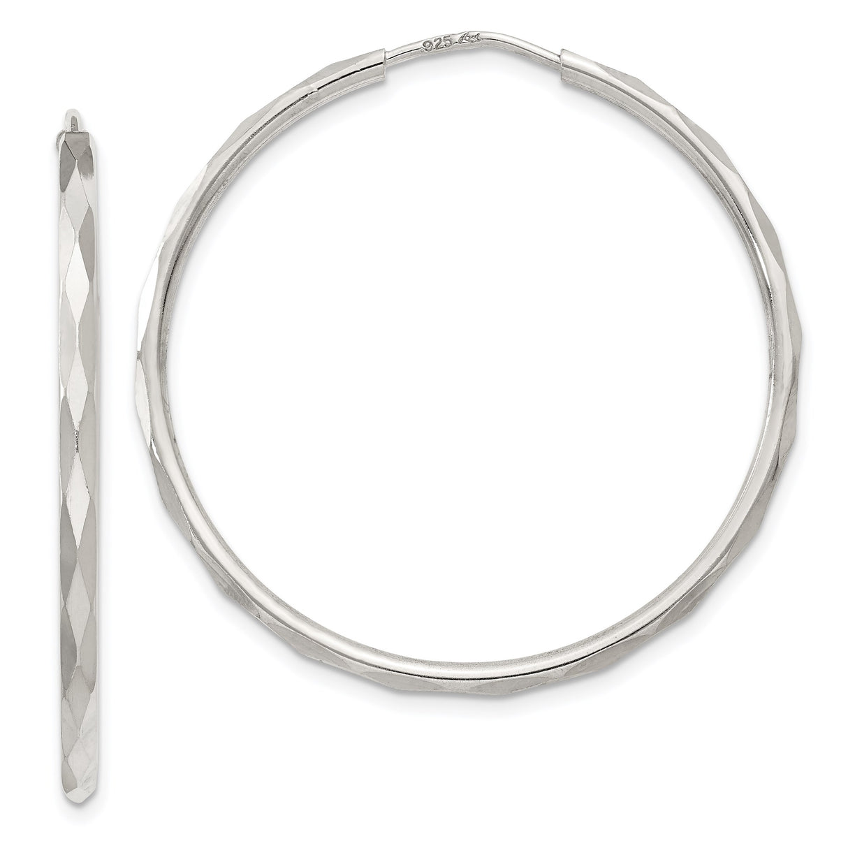 Sterling Silver Hoop Earrings, Endless Loop with Diamond Cut Texture, Lightweight Faceted Style