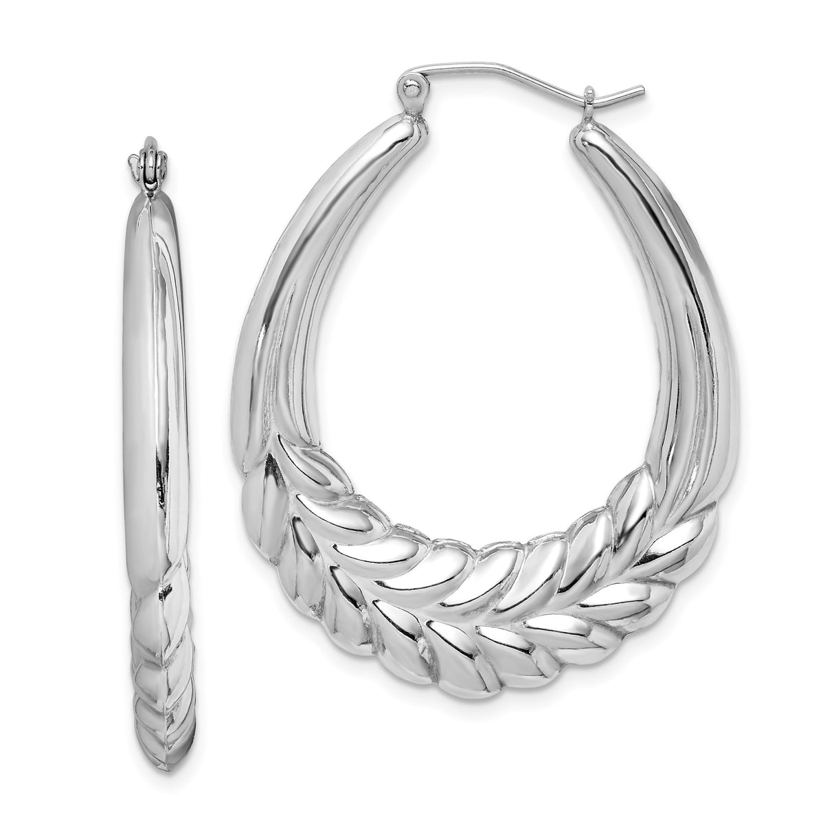 Sterling Silver Hoop Earrings with Laurel Leaf Motif, Lightweight Oval Nature-Inspired Design