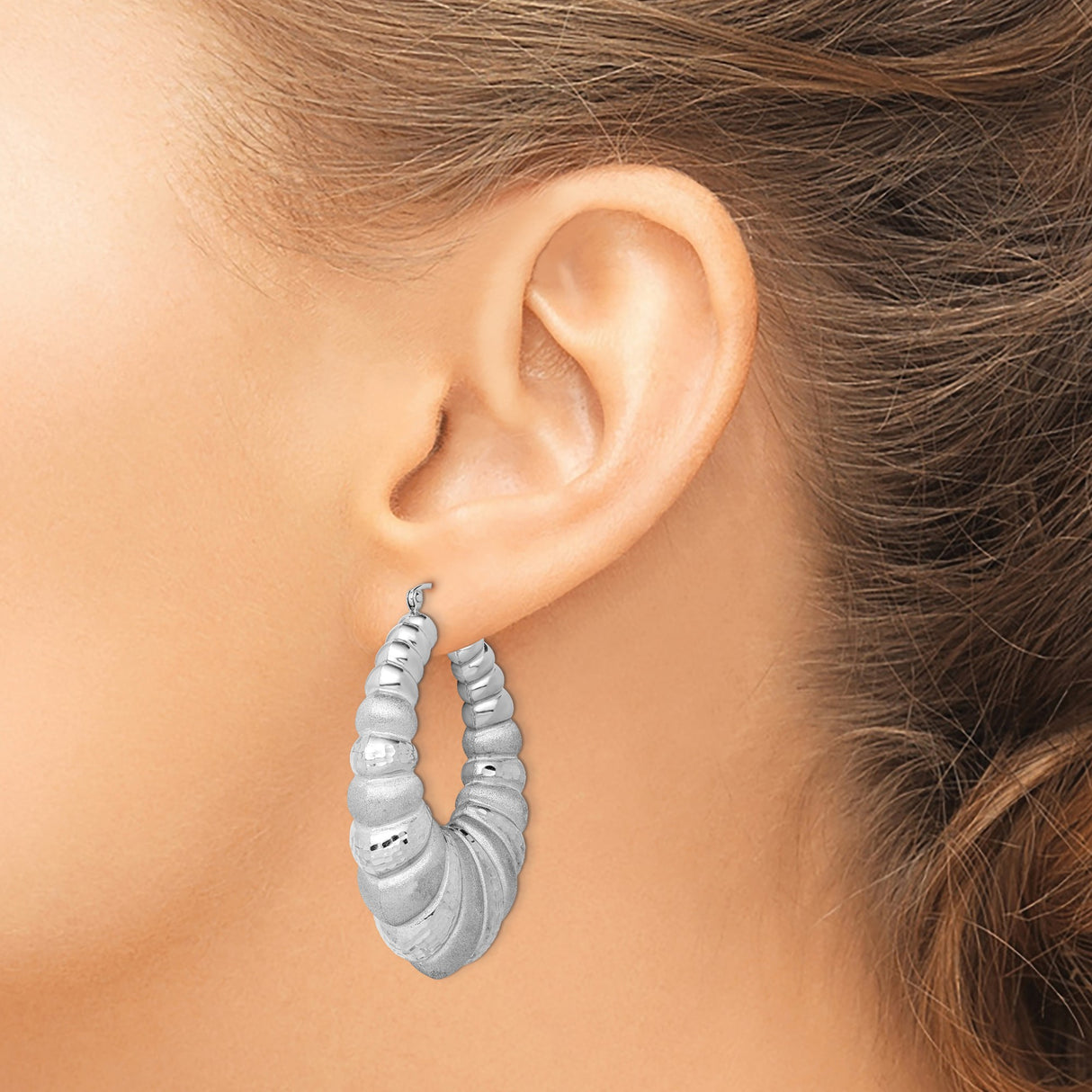 Sterling Silver Hoop Earrings with Textured Ribbed Design, Matte and Polished Finish, Lightweight