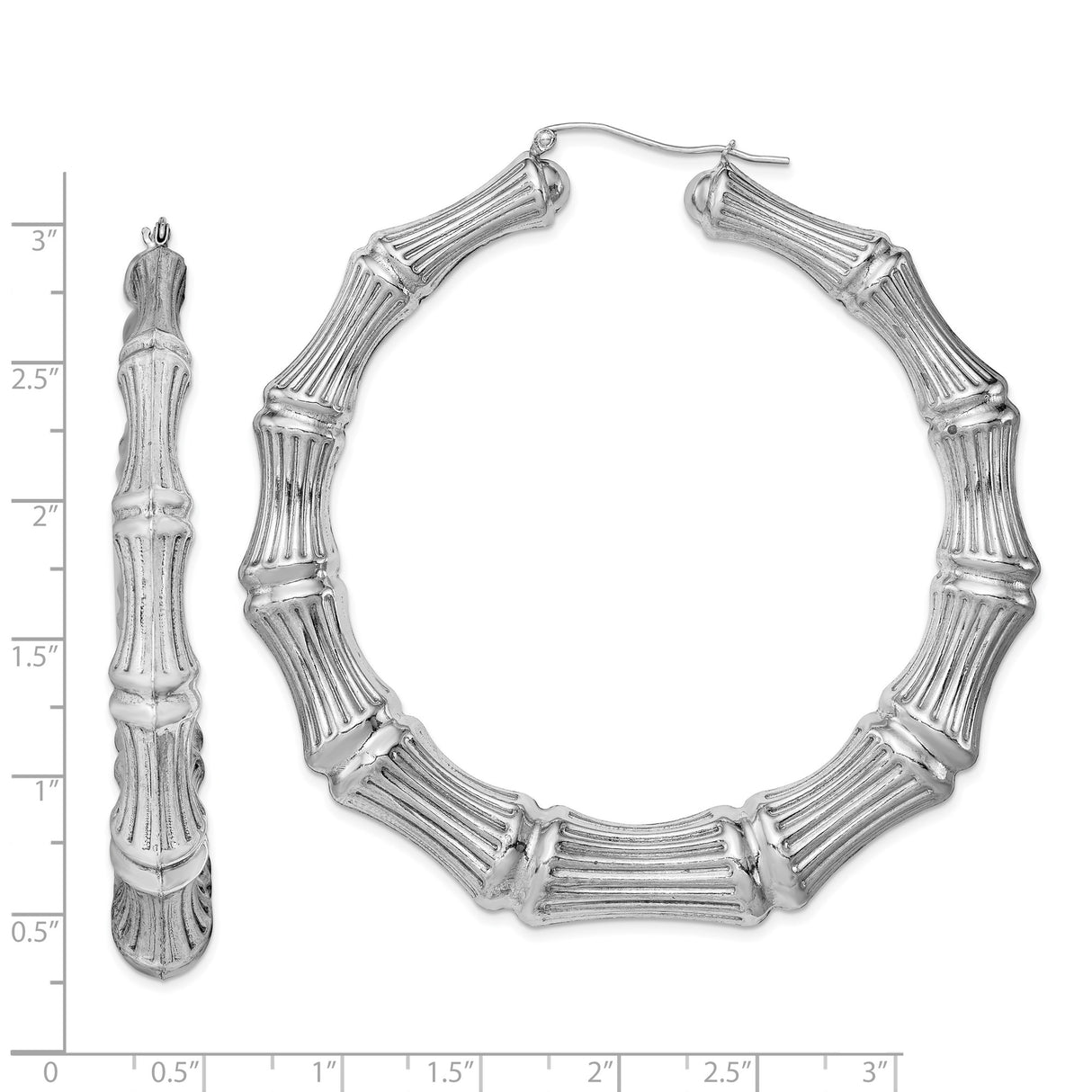 Sterling Silver Hoop Earrings, Bamboo Style with Segmented Textured Rhodium Finish, Bold Sculptural Design