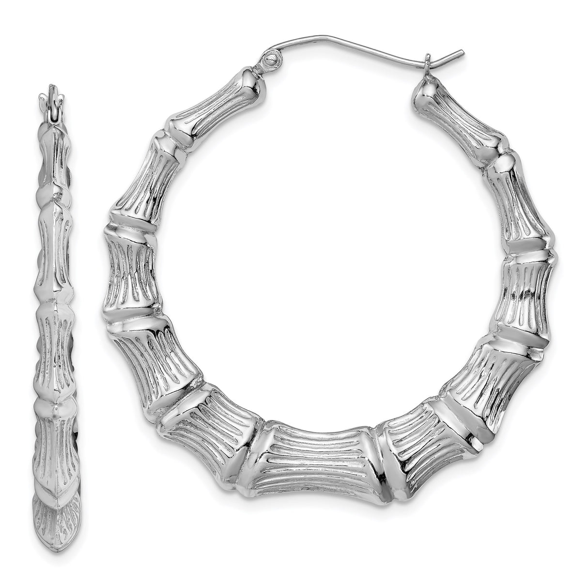 Sterling Silver Bamboo Hoop Earrings with Textured Bamboo Design, Large Statement Hoops for Women