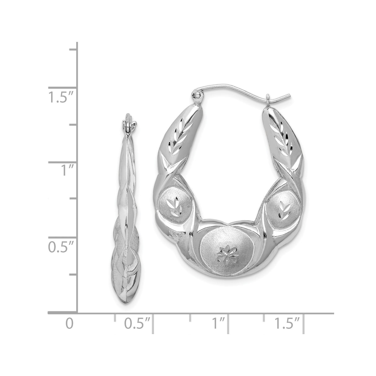 Sterling Silver Hoop Earrings with Floral and Leaf Patterns, Satin and Polished Finish