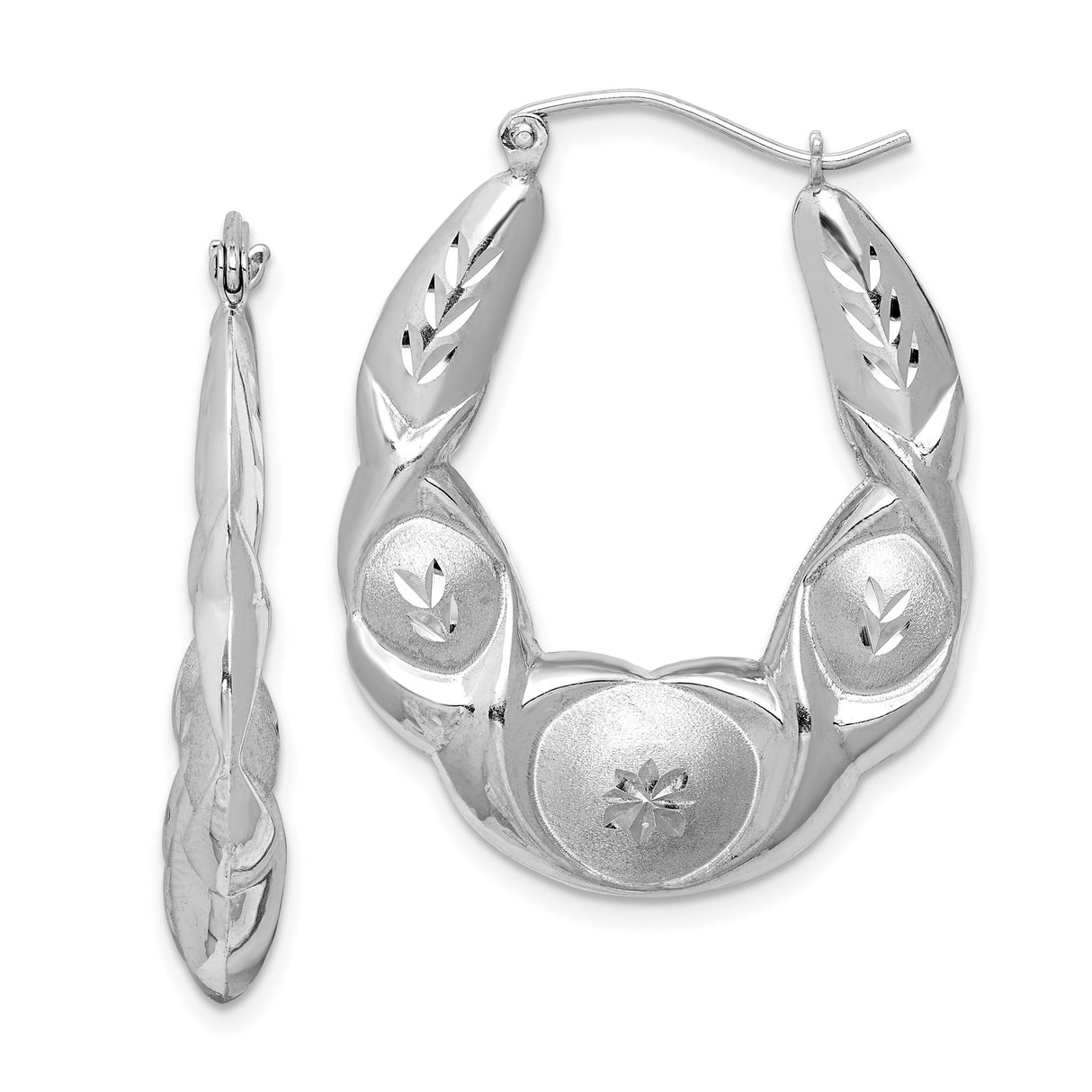 Sterling Silver Hoop Earrings with Floral and Leaf Patterns, Satin and Polished Finish