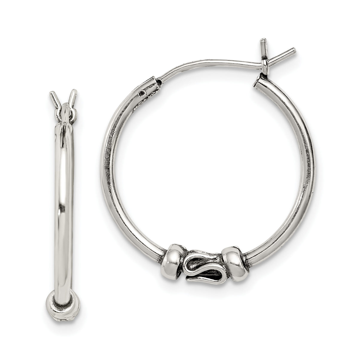 Sterling Silver Hoop Earrings with Twisted S-Hook Detail, Polished Finish, Boho Bali Style