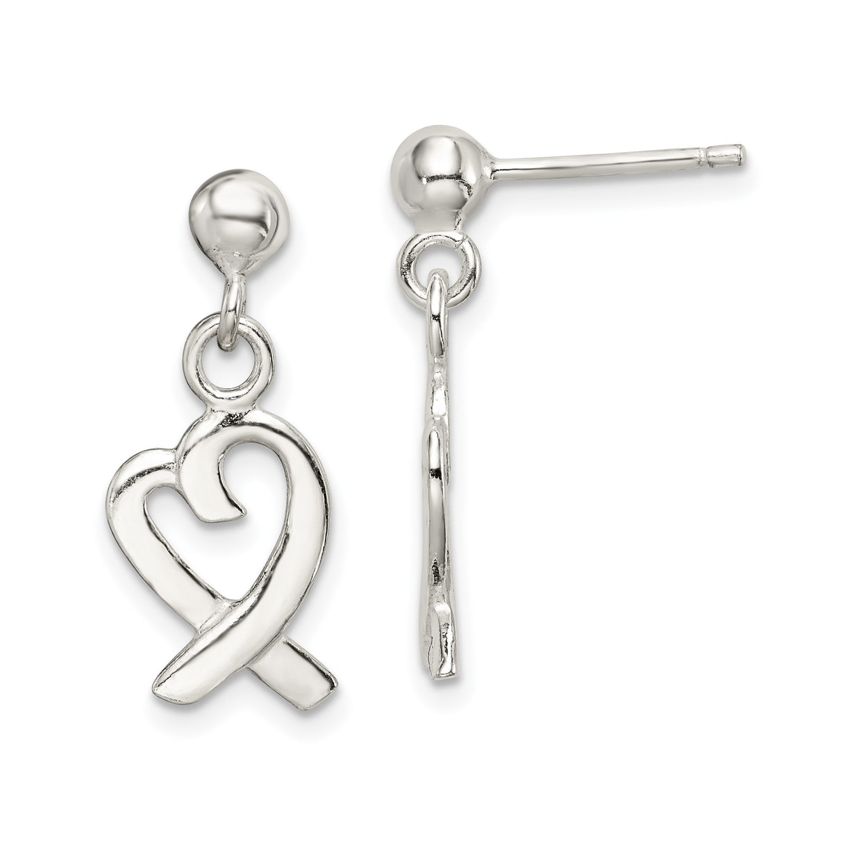 Sterling Silver Dangle Earrings with Open Heart Ribbon Design for Women
