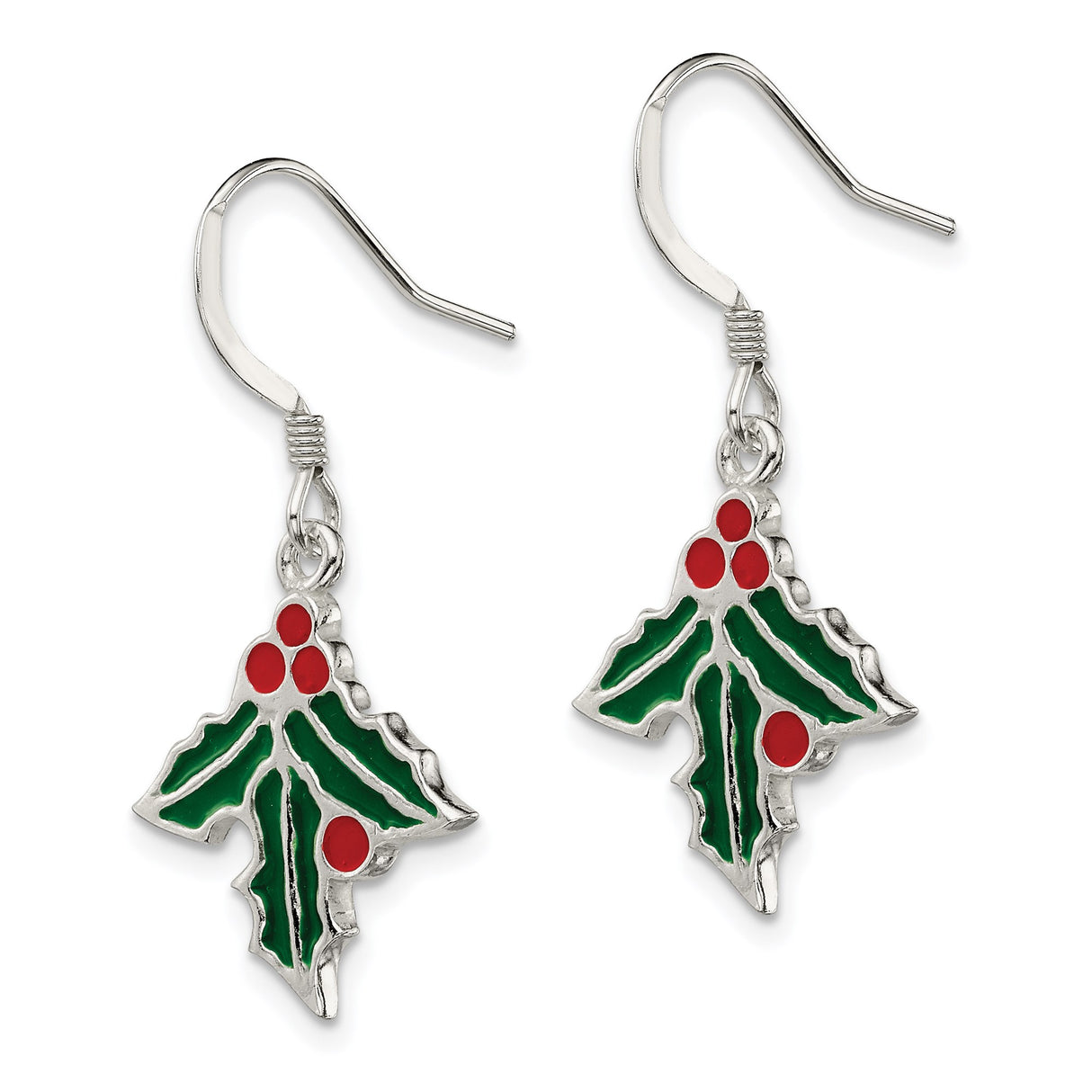 Sterling Silver Dangle Earrings with Christmas Holly Leaf and Enamel Accents