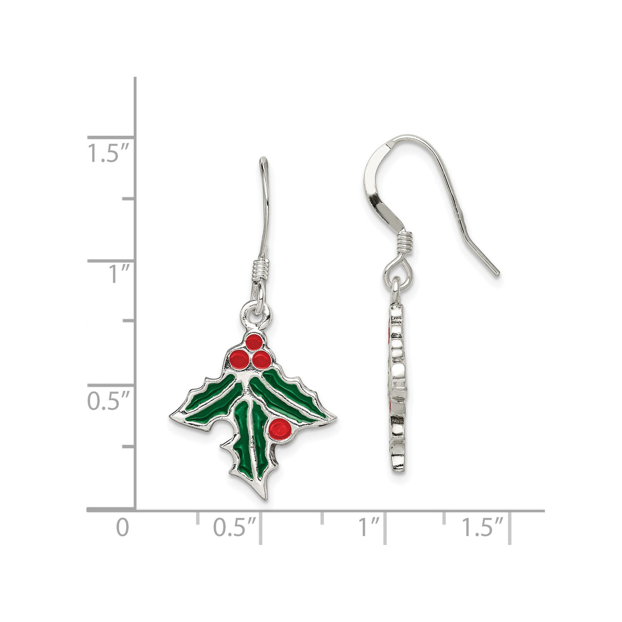 Sterling Silver Dangle Earrings with Christmas Holly Leaf and Enamel Accents