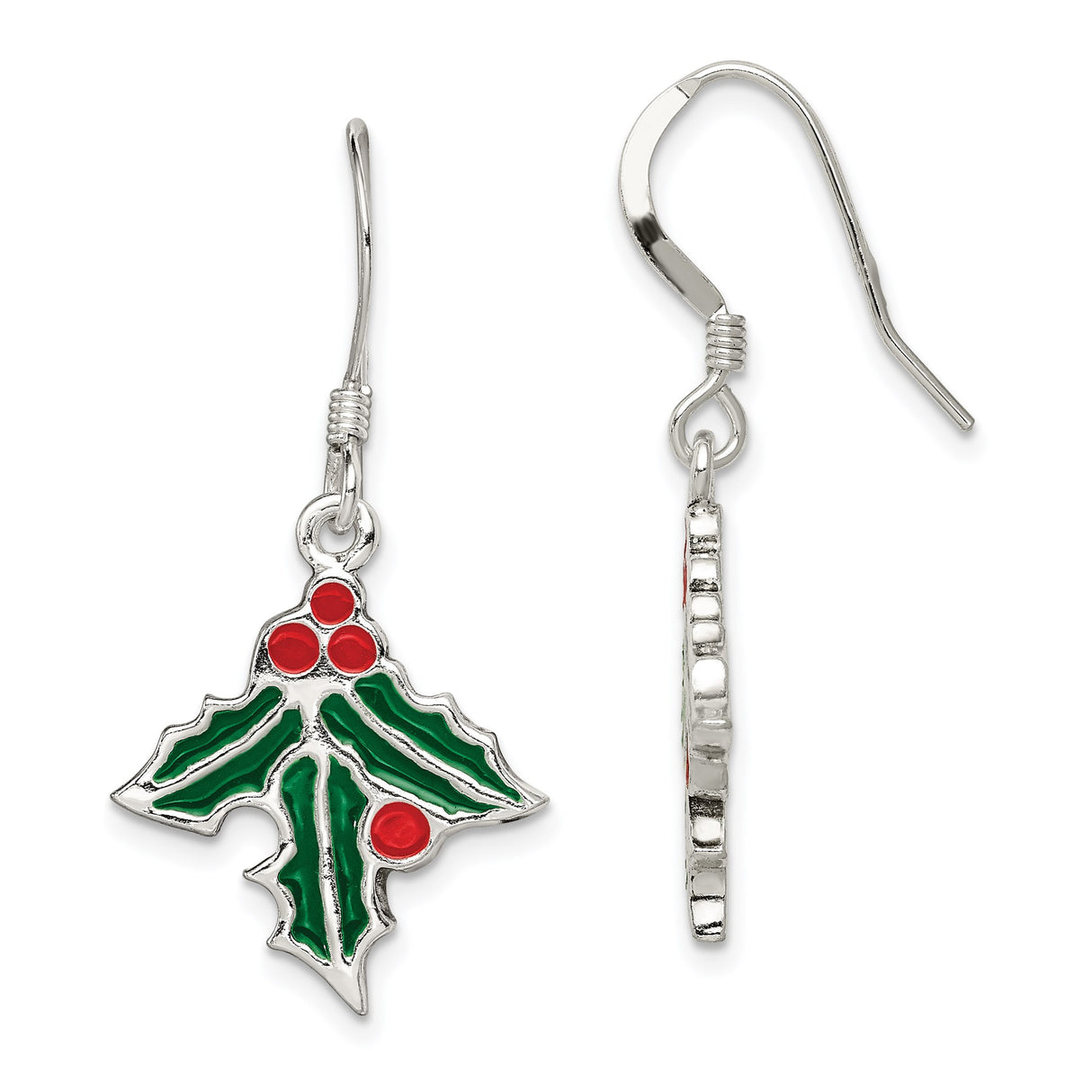Sterling Silver Dangle Earrings with Christmas Holly Leaf and Enamel Accents