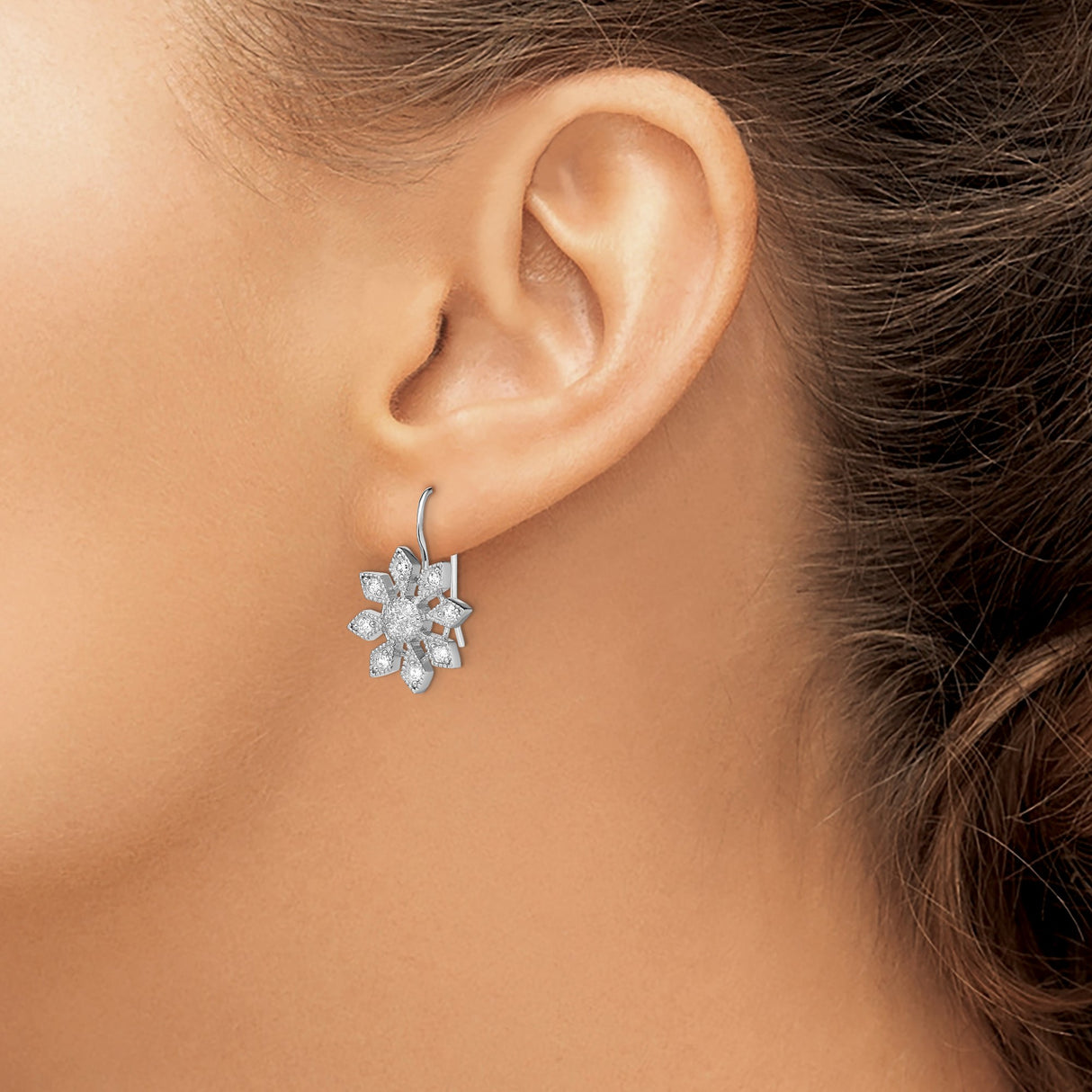 Sterling Silver Dangle Earrings with Cubic Zirconia, Snowflake and Geometric Floral Design