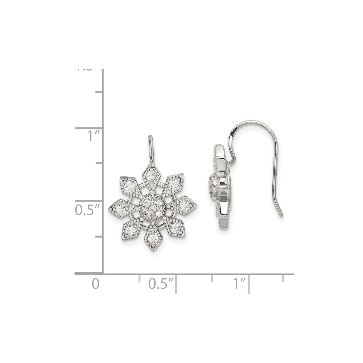 Sterling Silver Dangle Earrings with Cubic Zirconia, Snowflake and Geometric Floral Design