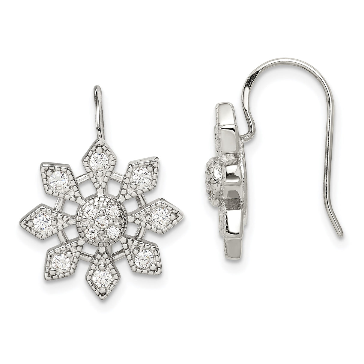Sterling Silver Dangle Earrings with Cubic Zirconia, Snowflake and Geometric Floral Design