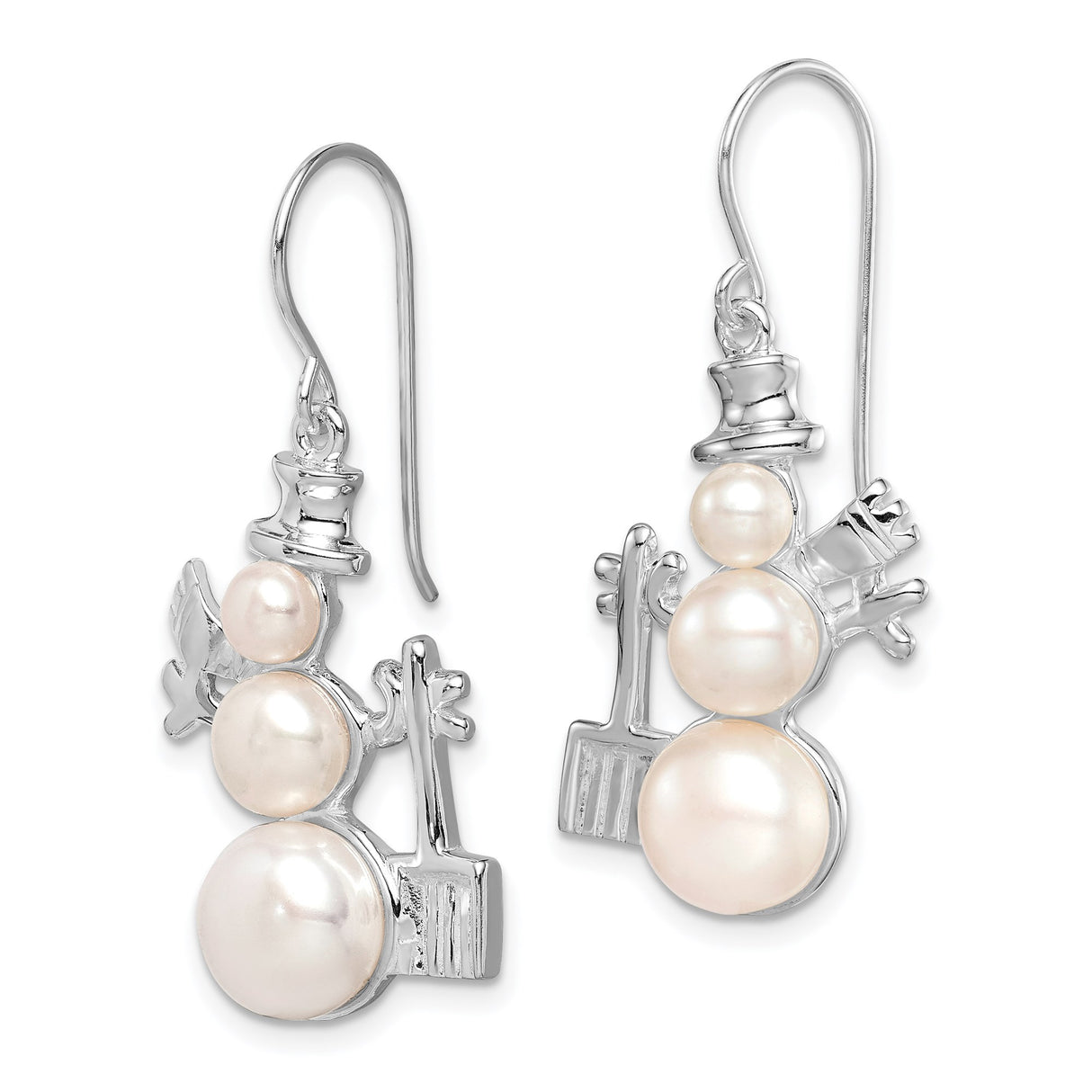 Sterling Silver Snowman Dangle Earrings with Cultured Freshwater Pearls, Top Hat and Scarf Design
