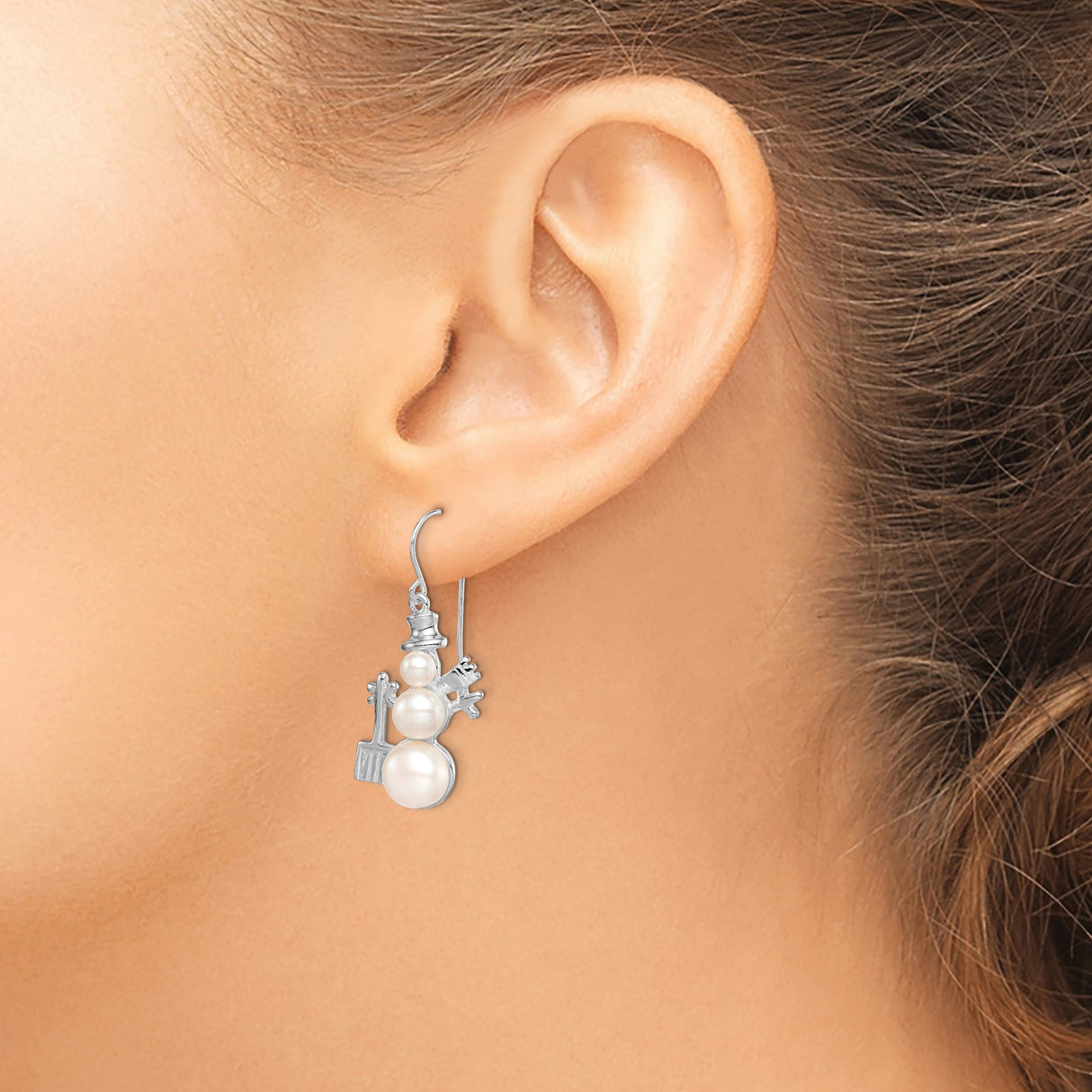 Sterling Silver Snowman Dangle Earrings with Cultured Freshwater Pearls, Top Hat and Scarf Design