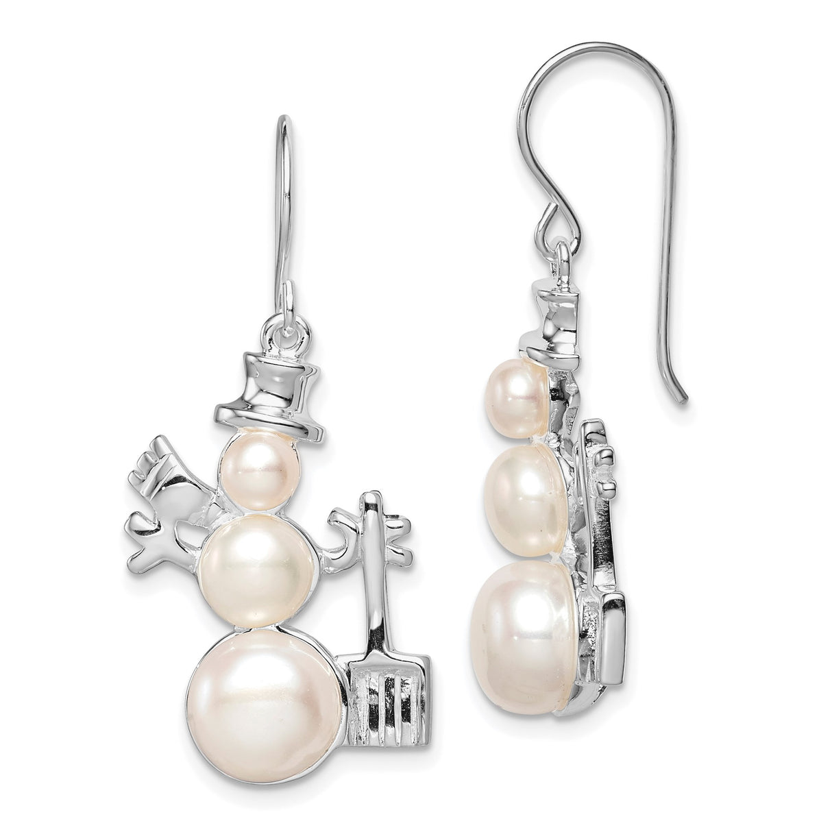 Sterling Silver Snowman Dangle Earrings with Cultured Freshwater Pearls, Top Hat and Scarf Design