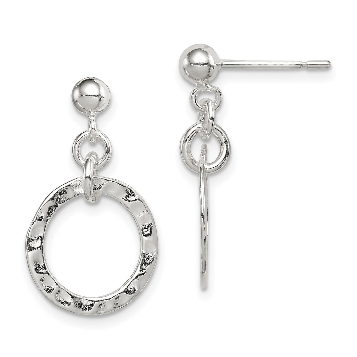 Sterling Silver Drop Earrings with Hammered Open Circles, Textured Dangle Disc Design