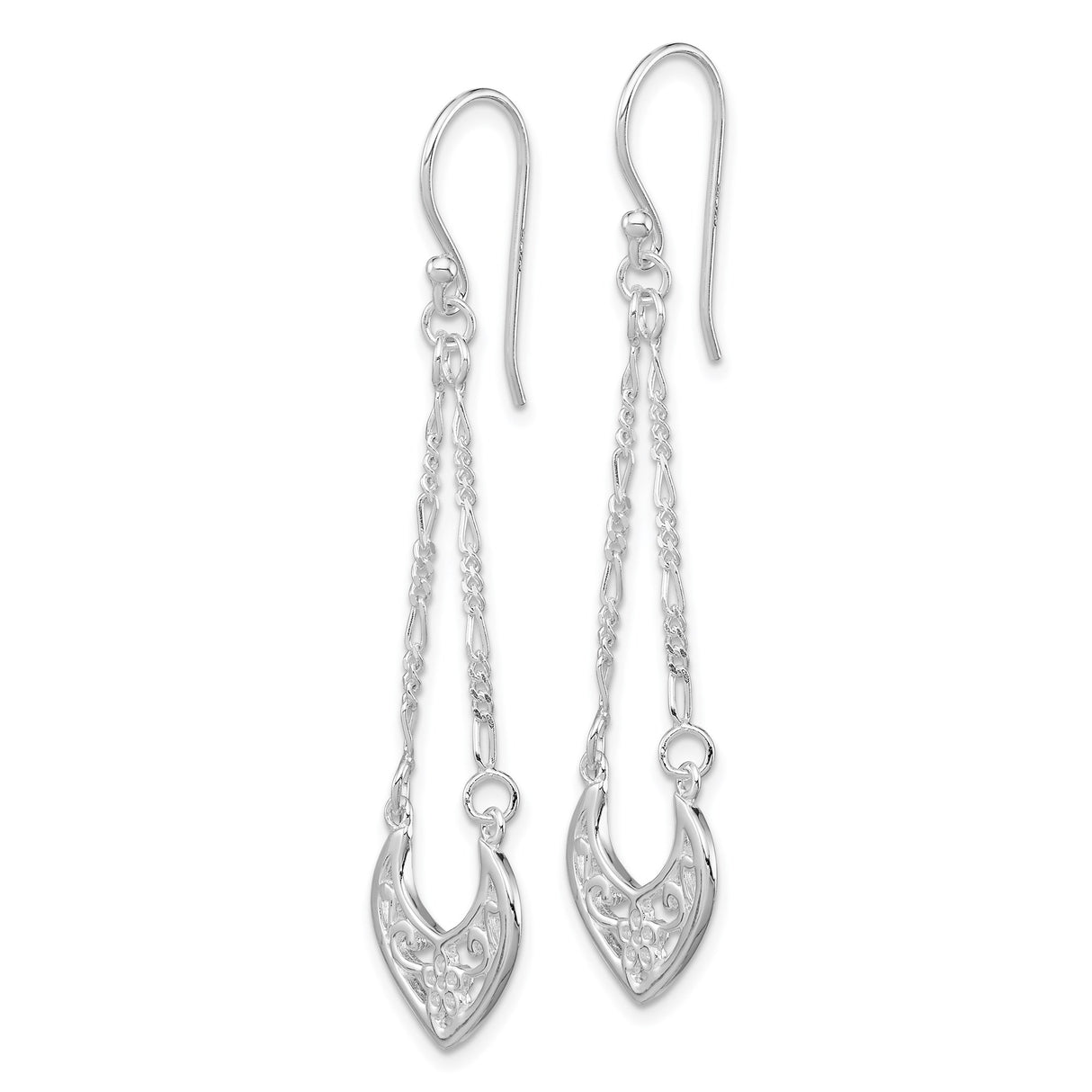 Sterling Silver Dangle Earrings with Filigree Heart Design and Floral Scroll Accents