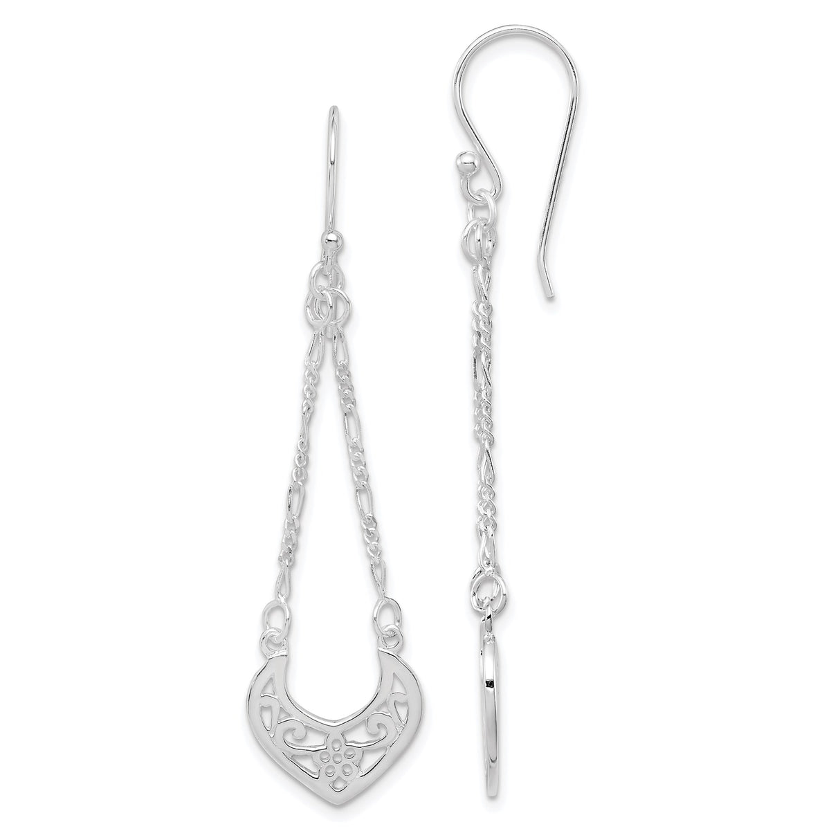Sterling Silver Dangle Earrings with Filigree Heart Design and Floral Scroll Accents