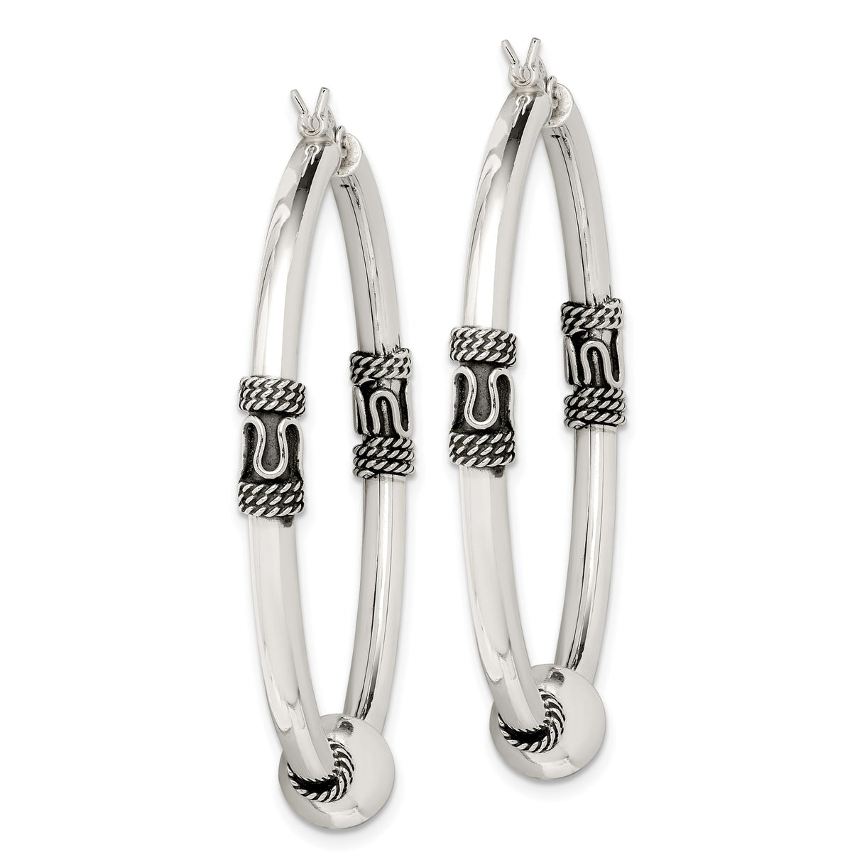 Sterling Silver Hoop Earrings with Oxidized Rope Scroll and Polished Bead Design, Boho Vintage Style