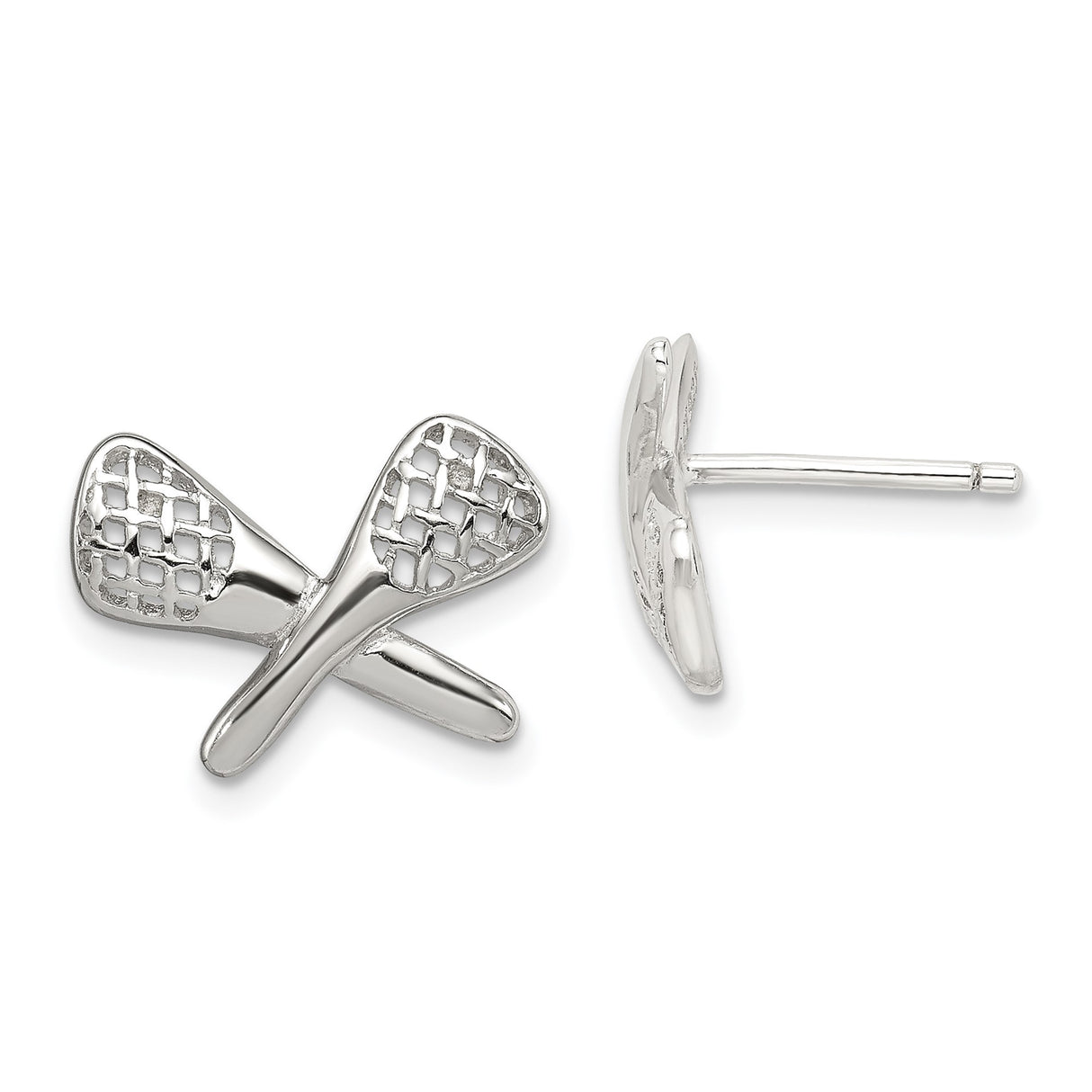 Sterling Silver Lacrosse Stud Earrings with Crossed Sticks and Netted Heads