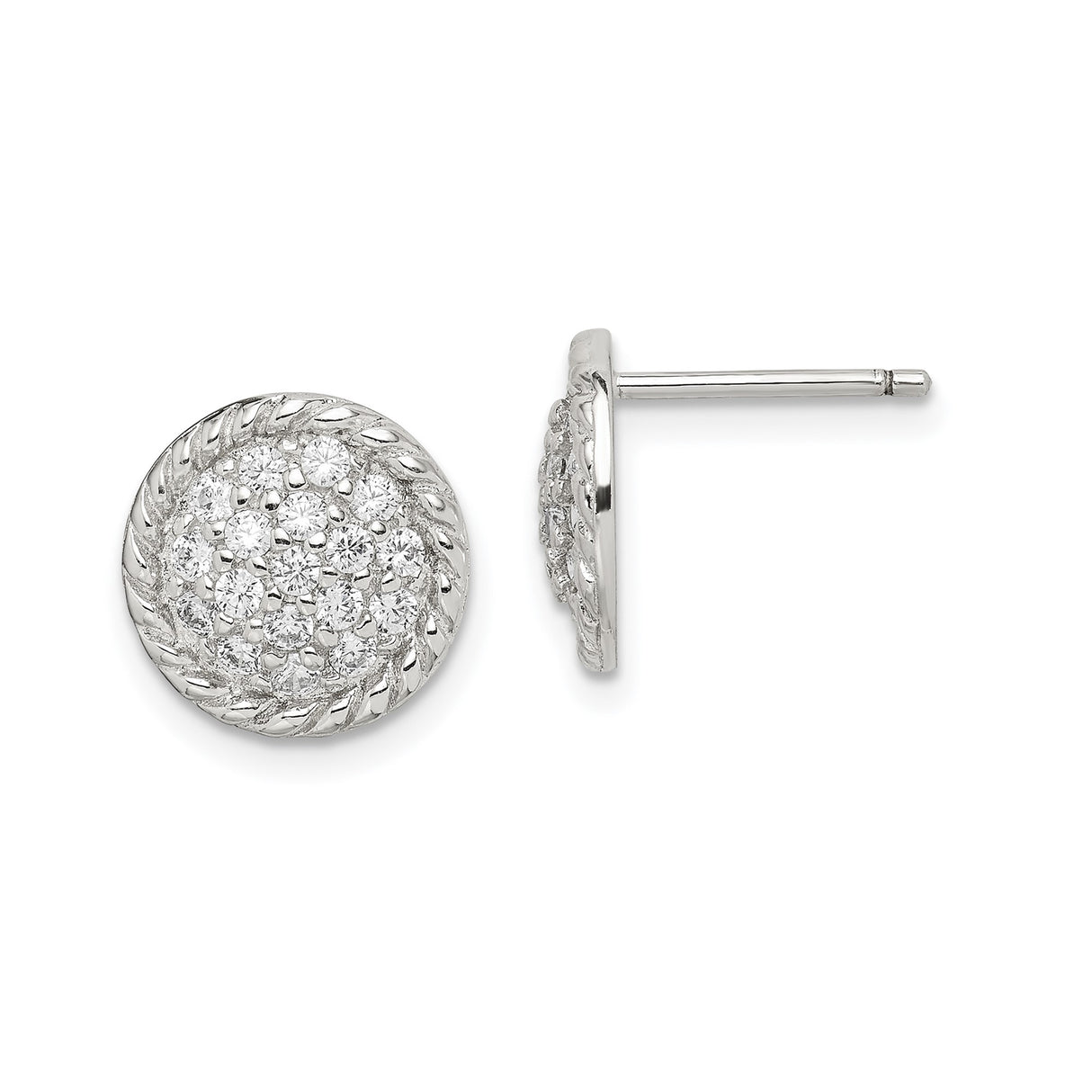 Sterling Silver Stud Earrings with Cubic Zirconia Cluster and Rope Edge Design