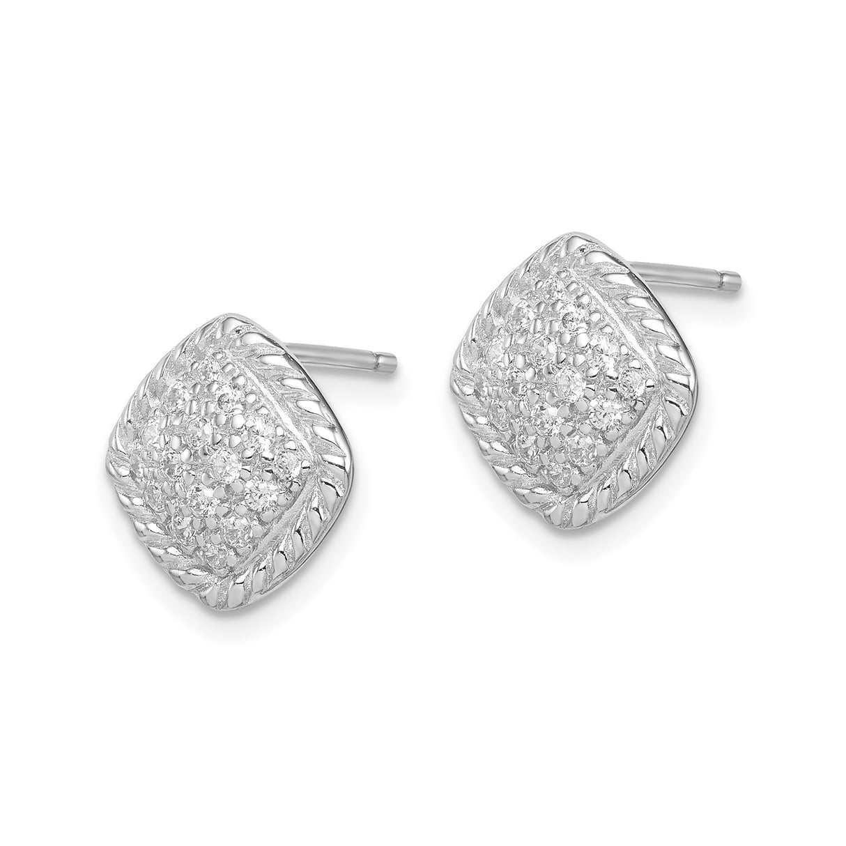 Sterling Silver Cushion Stud Earrings with Cubic Zirconia Cluster and Rope Border Design