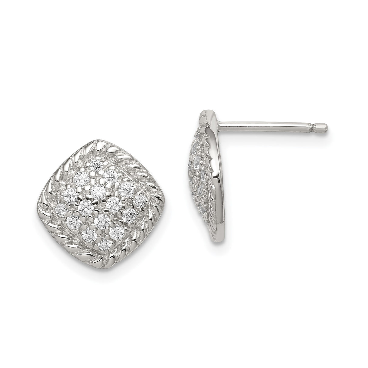 Sterling Silver Cushion Stud Earrings with Cubic Zirconia Cluster and Rope Border Design